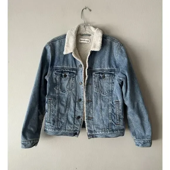 REFORMATION Size Small Shearling Street Jacket Jean Denim Trucker Sherpa READ - Picture 1 of 10
